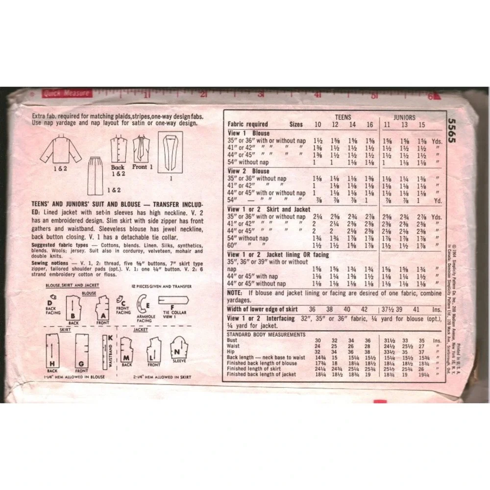 Vintage 1964 Simplicity 5565 Sewing Pattern Teen Suit Skirt Blouse Jacket Sz 12T